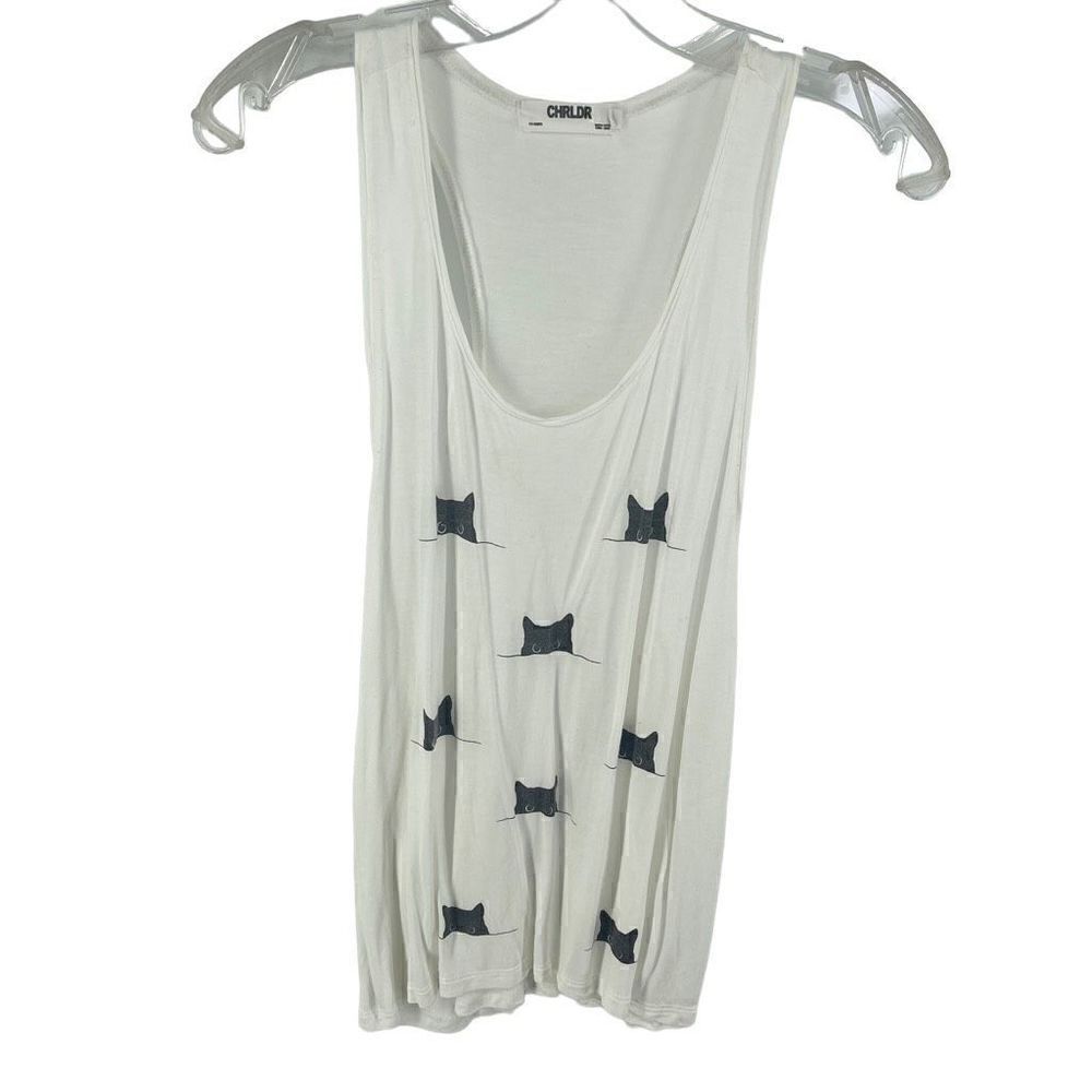 CHRLDR cat face graphic print tank top shirt white black small EUC